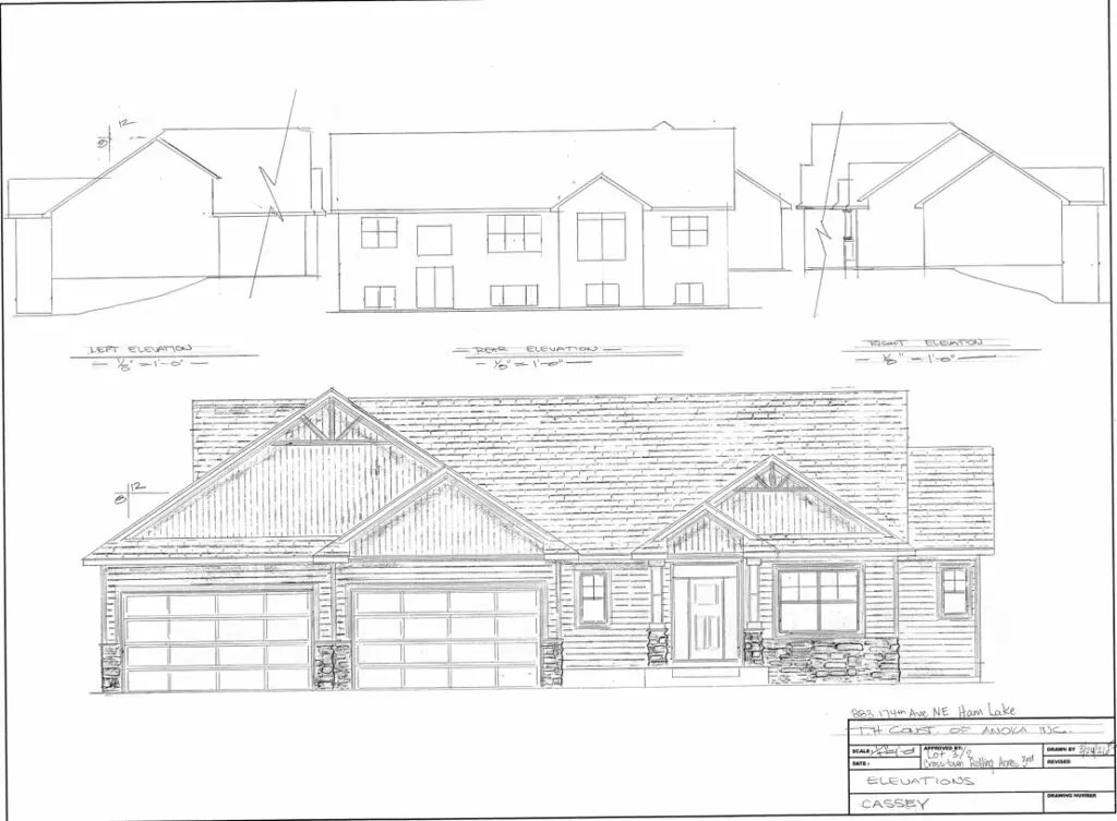 Blueprint front elevation of house with three-car garage